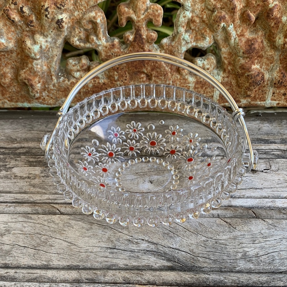 Vintage 70’s Walther Kristallglas Glass Daisy “Fabiola Basket Red Accent Dots